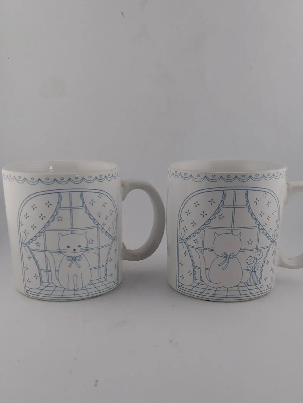 Vintage White Mugs with Light Blue Cat Print - Set of 2
